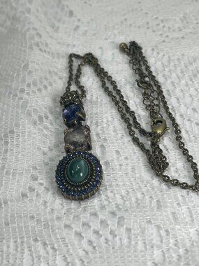 VTG Cabochon 16" Necklace & Earring Set by AVON - Brasstone Green/Blue NRT